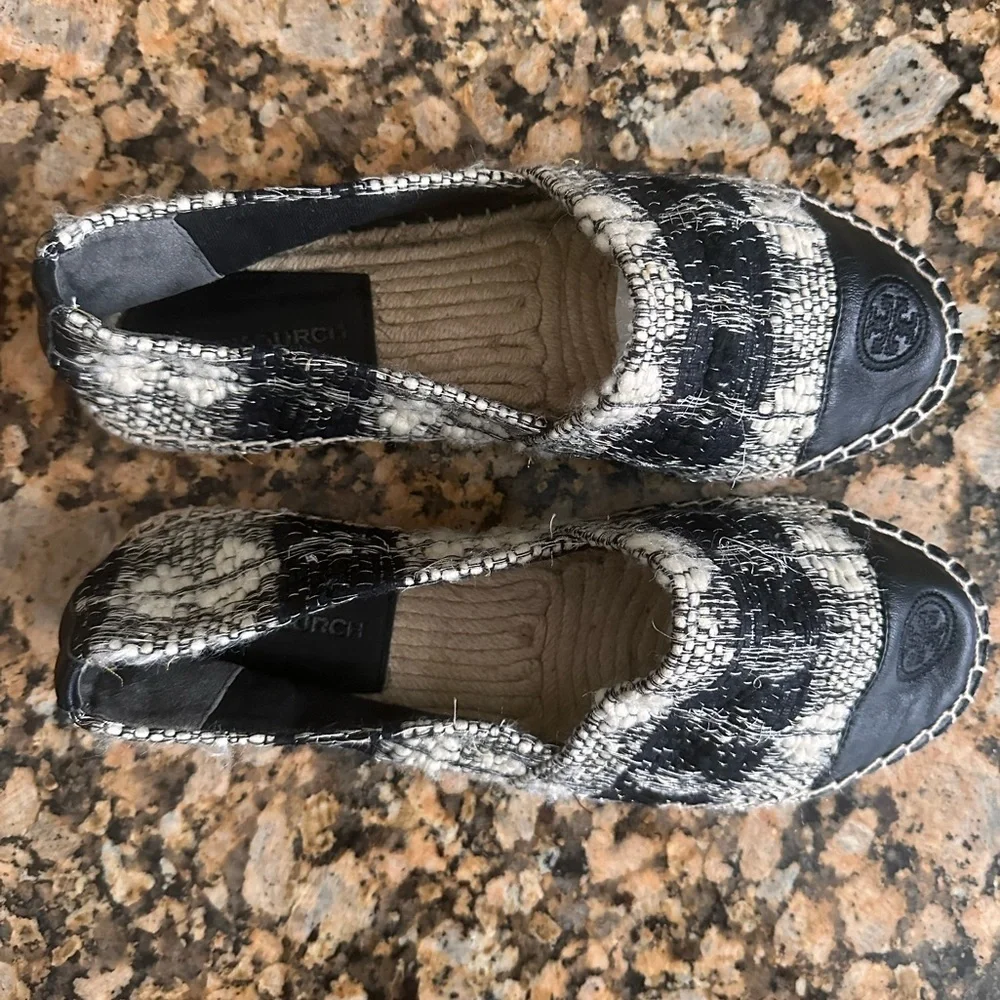 Tory Burch Wool Color Block Flat Espadrille White/Black- leather